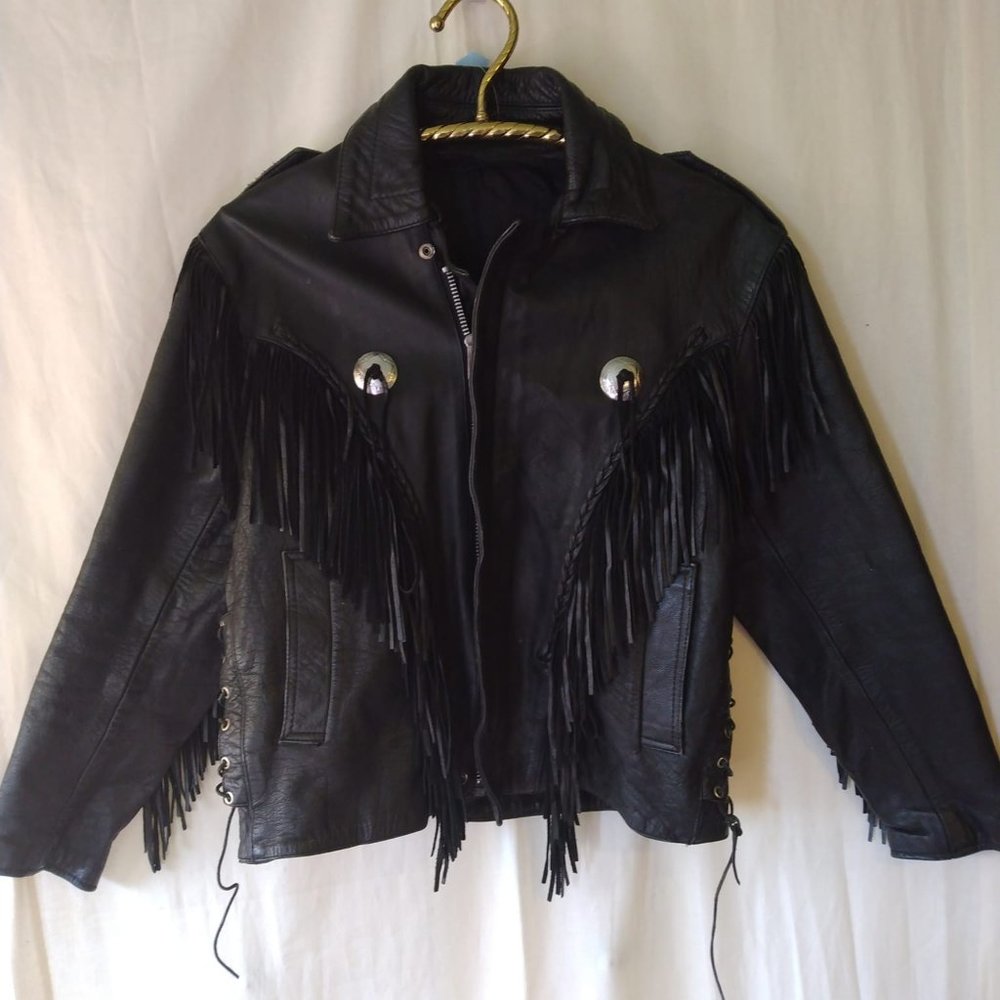 Size 46 Black Leather Classic  Fringe  Jacket